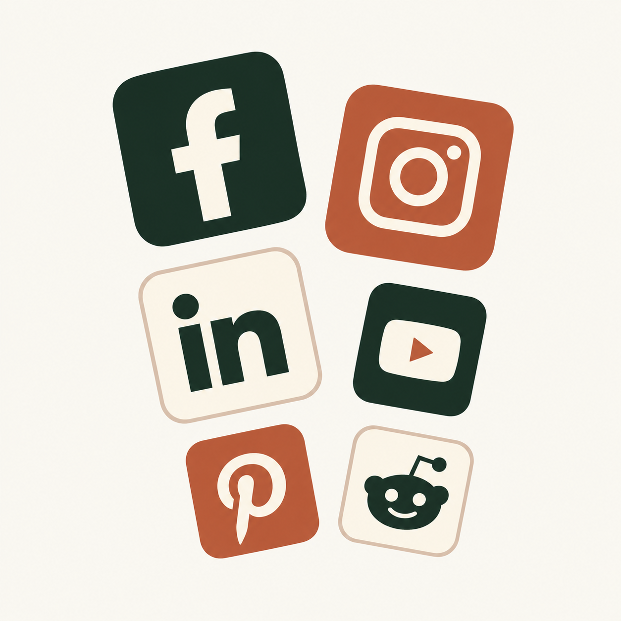 Social media platform icons including Facebook, Instagram, LinkedIn, YouTube, Pinterest, and Reddit