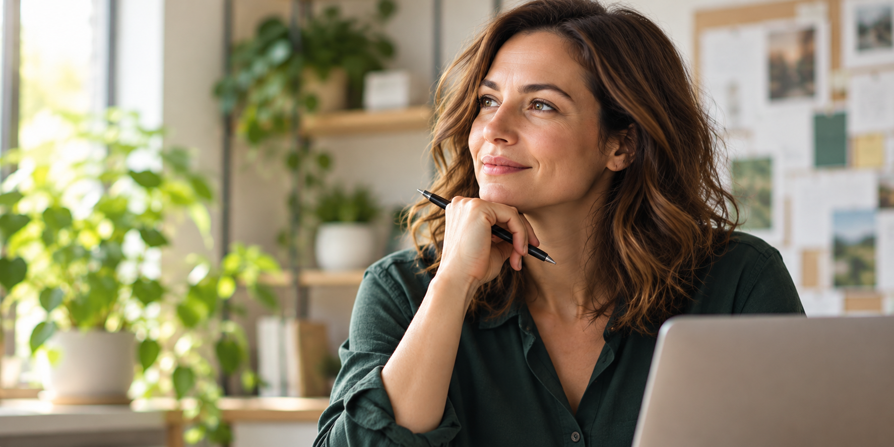 Marketing professional considering her next steps at her desk